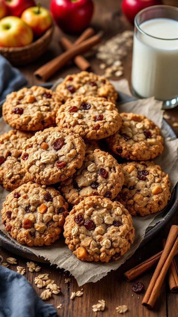 A plate of chewy apple raisin oatmeal cookies surrounded by apples and a glass of milk.