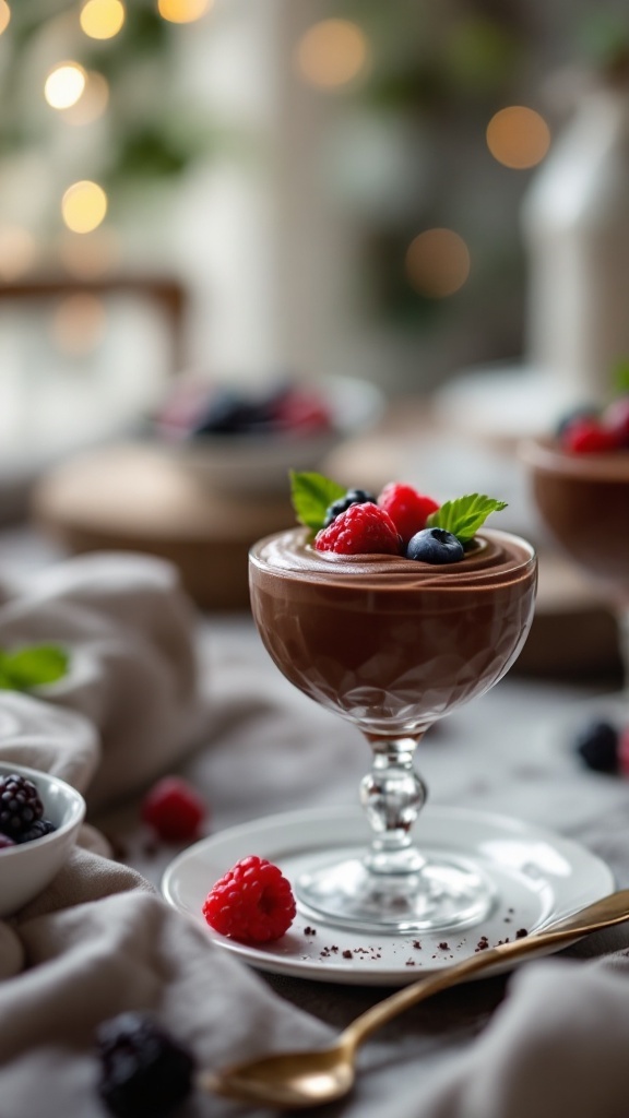 A bowl of chocolate avocado mousse topped with berries and mint leaves.