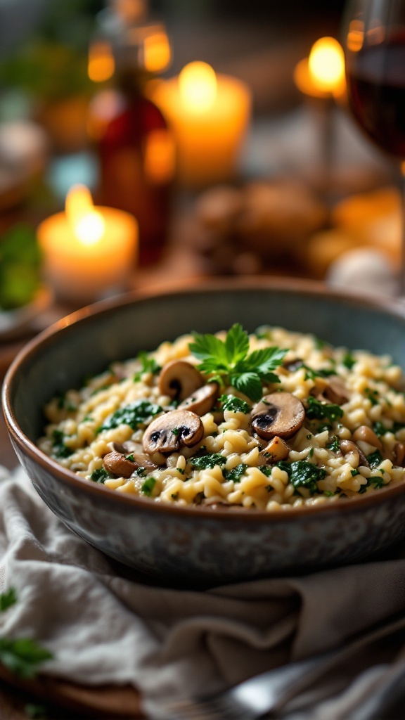 Creamy Spinach and Mushroom Risotto in a bowl with garnishes