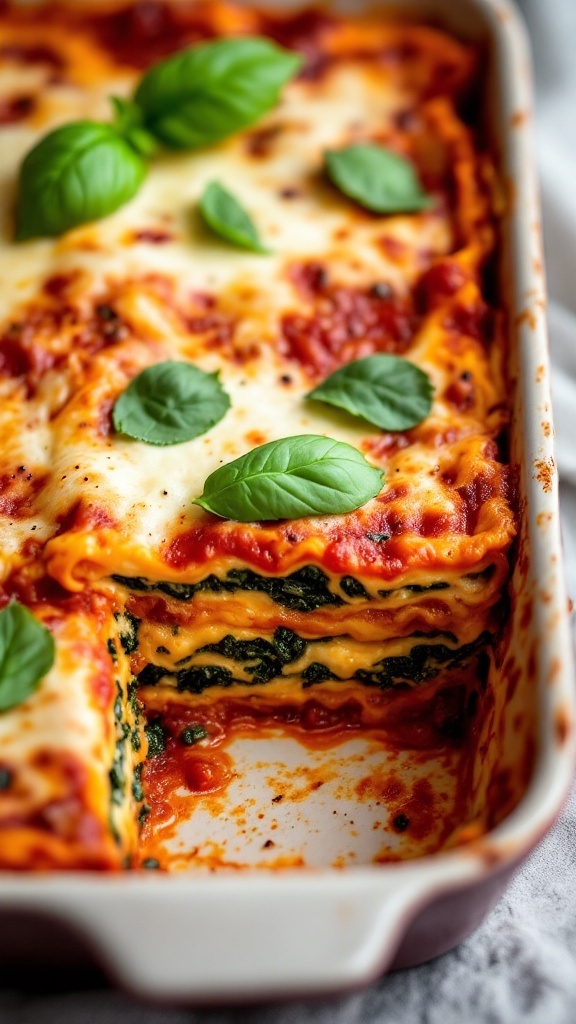 A close-up of creamy spinach and ricotta lasagna with fresh basil on top.