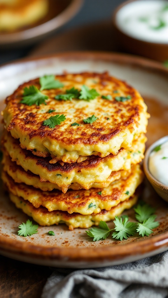 A plate of crispy zucchini fritters garnished with fresh herbs