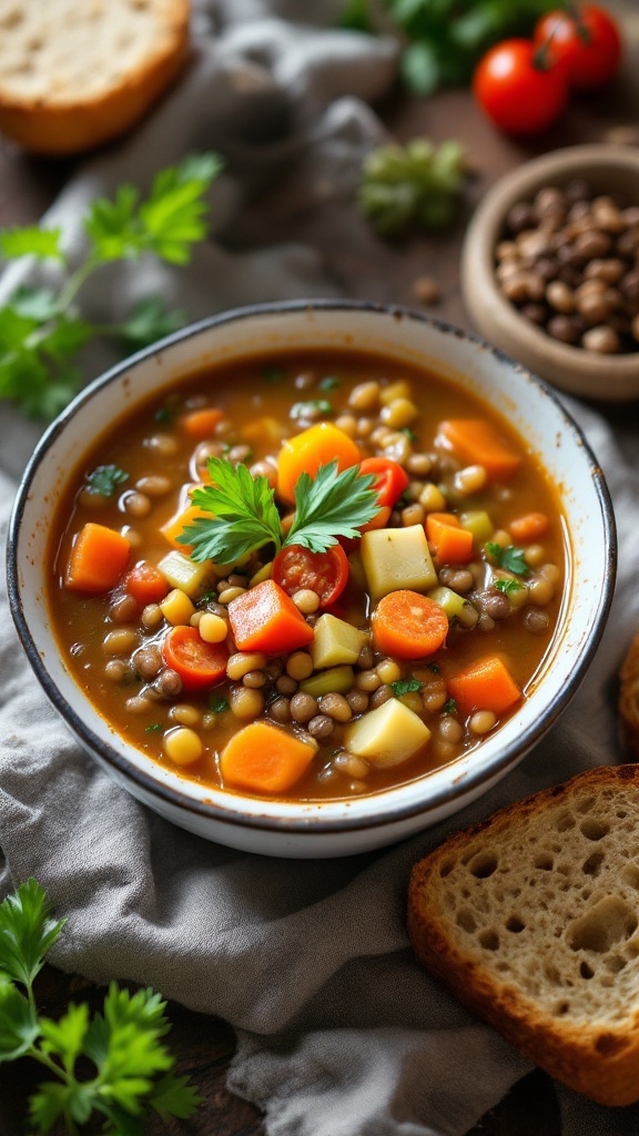 A bowl of hearty lentil vegetable soup filled with carrots, potatoes, and lentils, garnished with parsley.