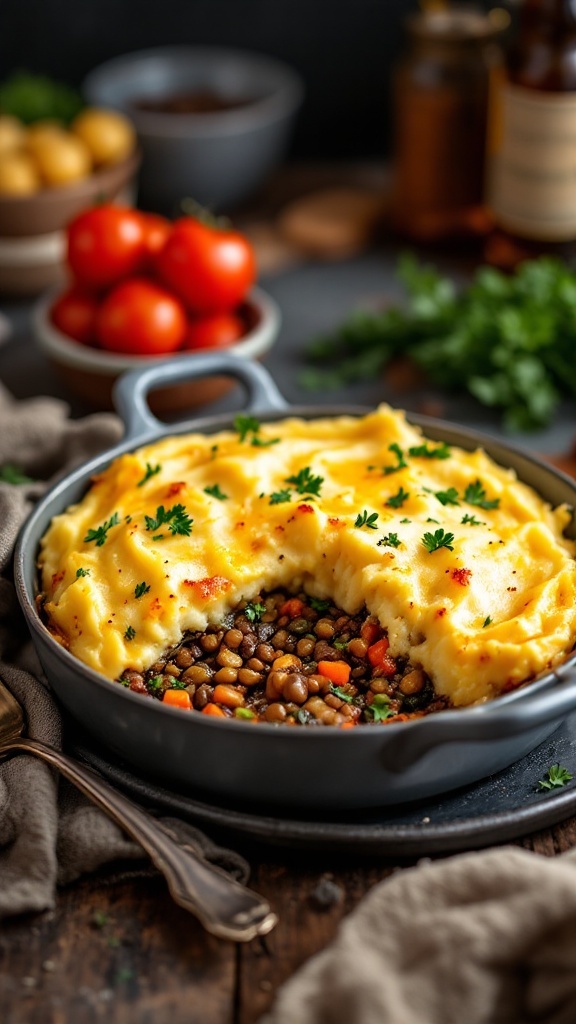 A delicious Lentil and Vegetable Shepherd's Pie with mashed potatoes and greens on top.