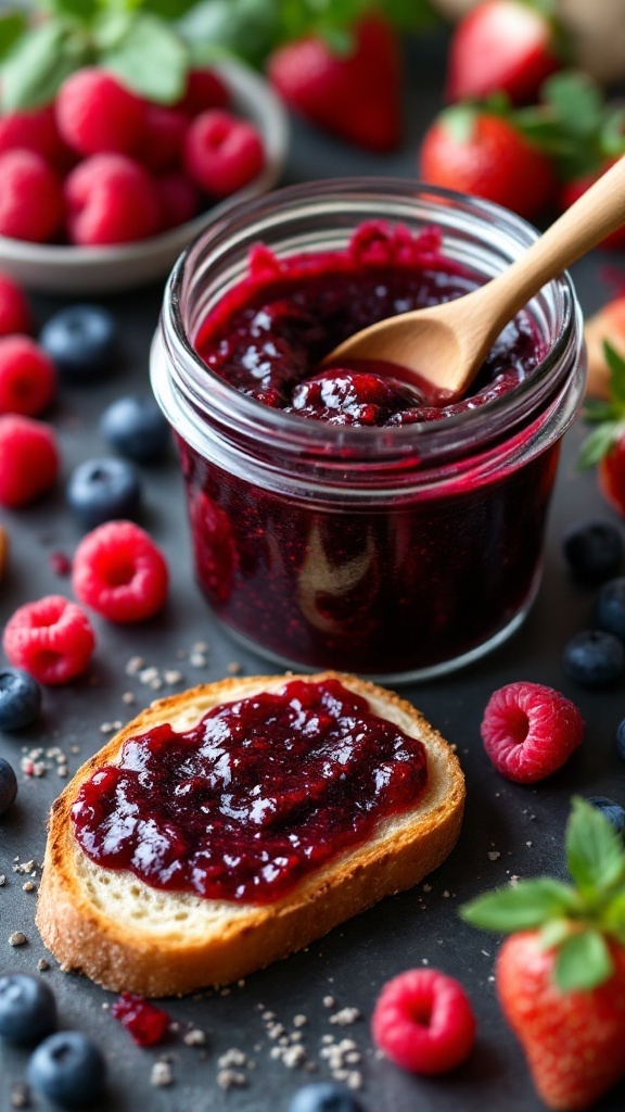 A jar of mixed berry chia seed jam with a spoon, surrounded by fresh berries on a table.