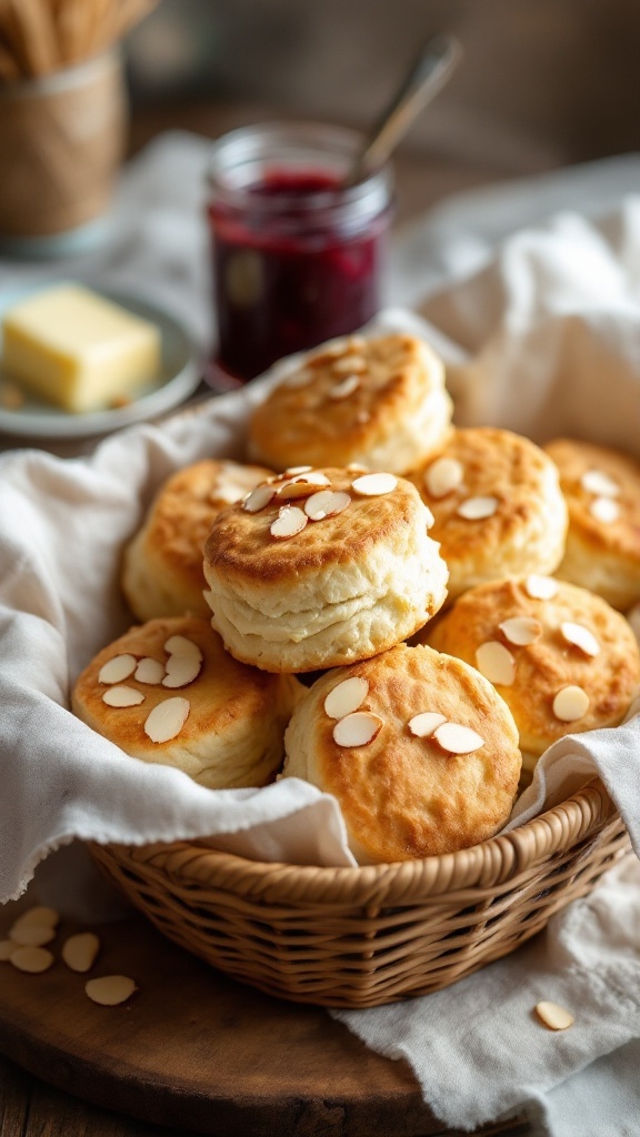 A basket filled with freshly baked almond-studded biscuits.