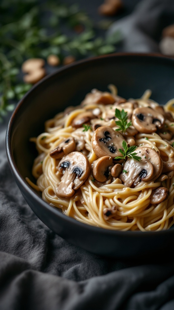 A bowl of Mushroom Stroganoff with Cashew Cream served with spaghetti.