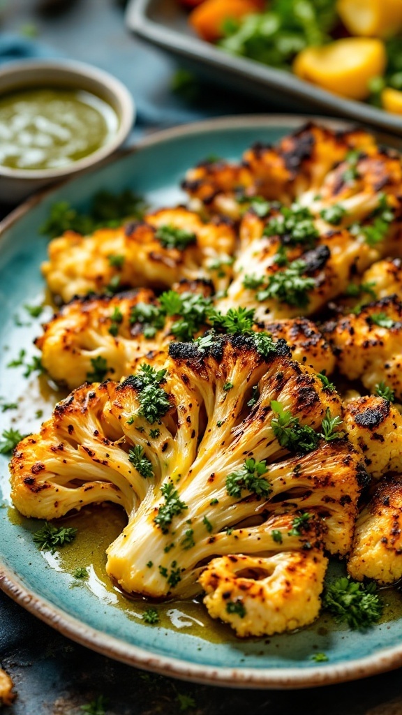 Delicious roasted cauliflower steaks topped with fresh herbs and chimichurri sauce