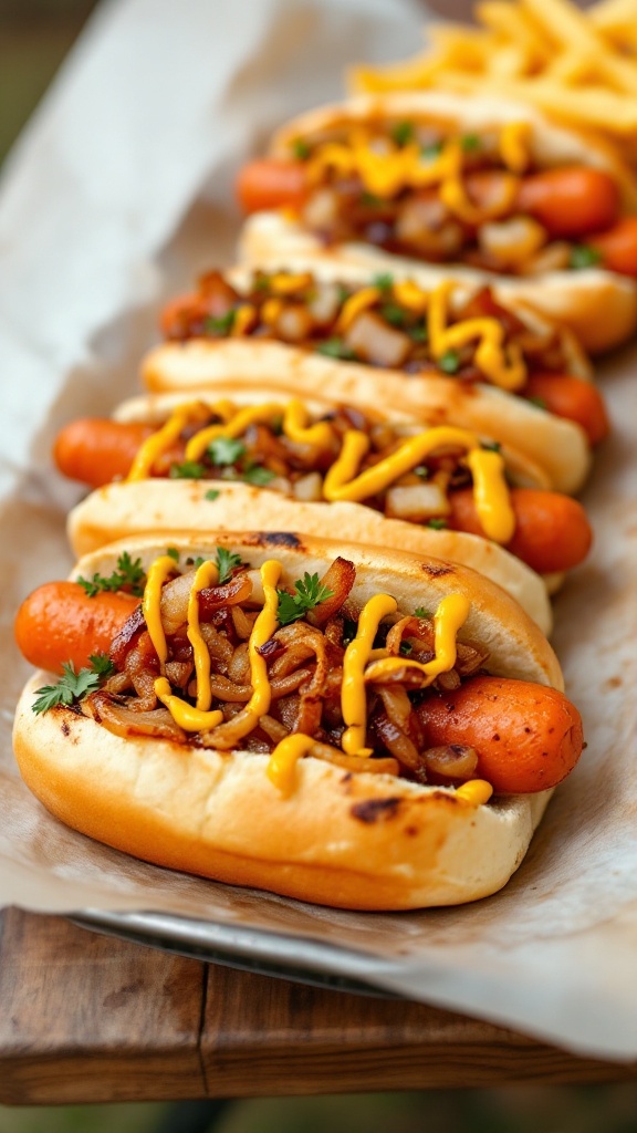 Carrot hot dogs topped with mustard, onions, and cilantro