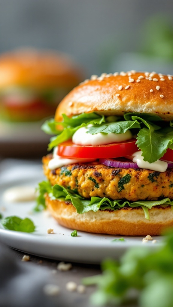 Close-up of a chickpea and spinach burger on a plate with lettuce, tomato, and mayonnaise