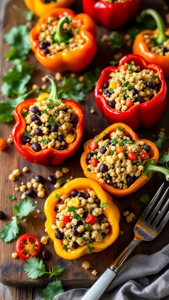 Stuffed bell peppers filled with quinoa, black beans, and colorful vegetables on a wooden board.