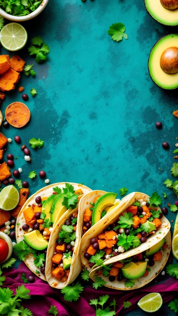 Sweet potato and black bean tacos with avocado and cilantro