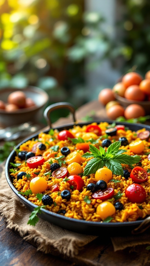 A vibrant vegan paella with colorful seasonal vegetables and herbs.