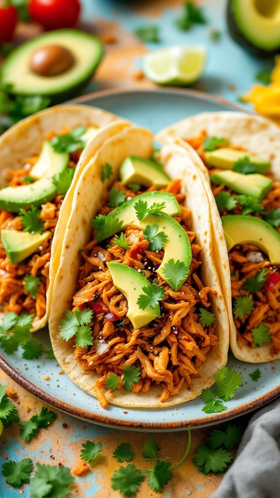 Delicious jackfruit tacos with avocado and cilantro on a colorful plate, garnished with lime.