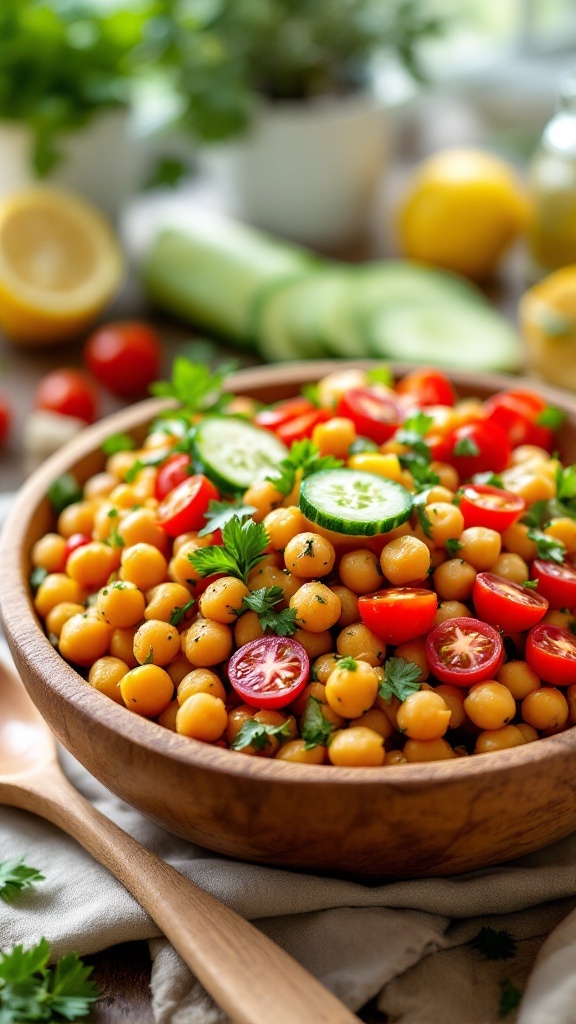 A colorful chickpea salad with tomatoes, cucumber, and herbs in a wooden bowl, set in a sunny kitchen.