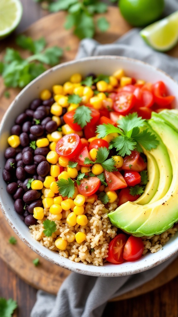 A colorful black bean burrito bowl with rice, black beans, corn, tomatoes, avocado, and cilantro on a wooden table.