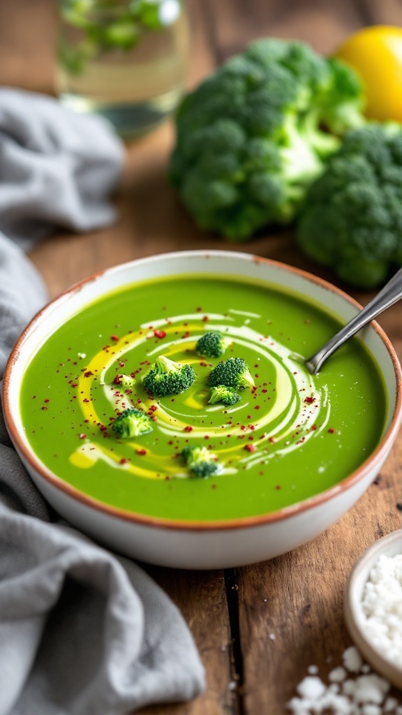 A bowl of creamy vegan broccoli soup garnished with crushed red pepper flakes, on a wooden table with fresh broccoli.