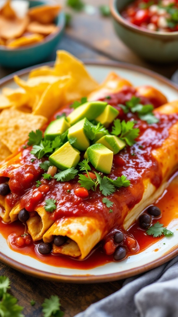 A plate of vegan black bean enchiladas covered in red sauce, garnished with avocado and cilantro.