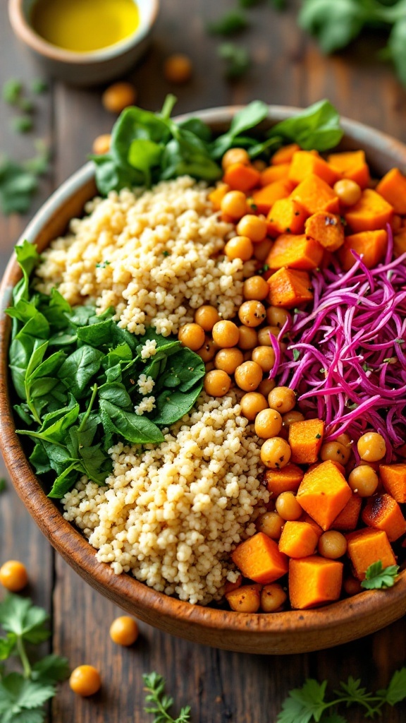 A colorful sweet potato quinoa bowl with roasted vegetables and chickpeas, served in a rustic setting.